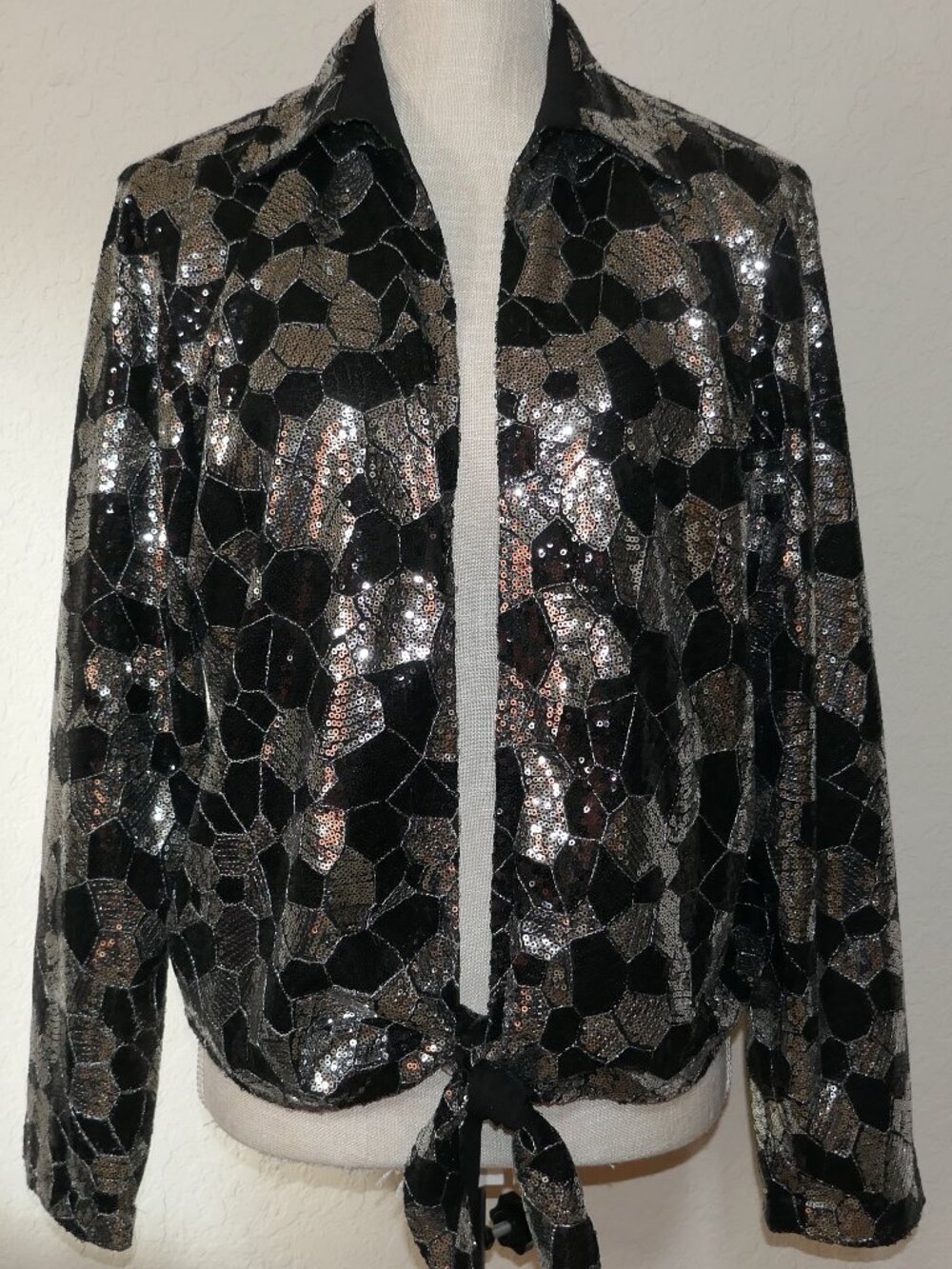 Chico's Twilight Dazzle Tropez Jacket Sequin Tie Front Black Silver Evening 2/12